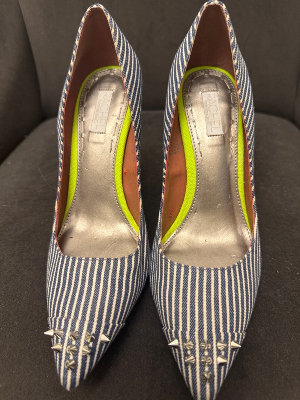 Rachel Navy and White Striped Pointed-Toe Pumps with Stud Accents